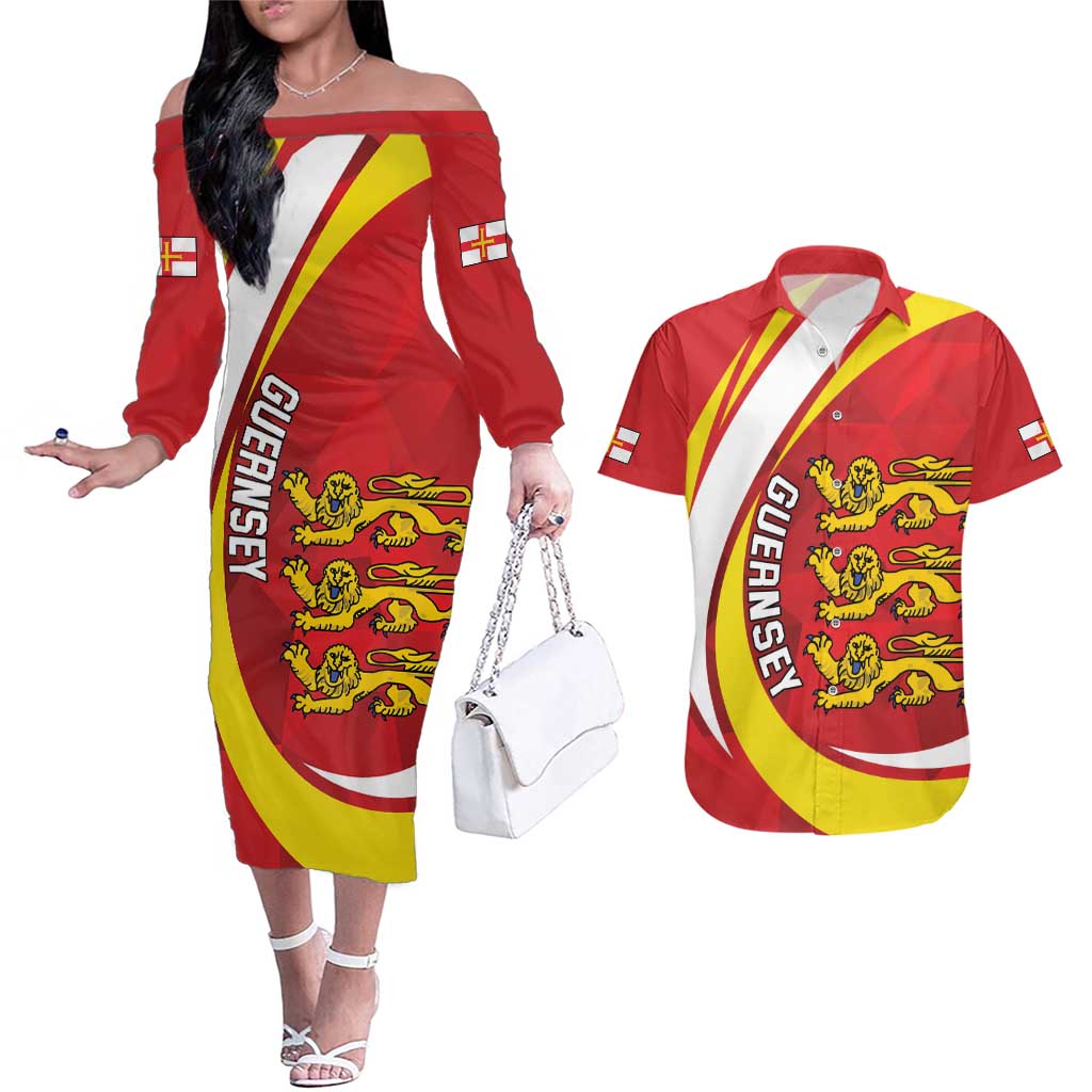 Guernsey Coat Of Arms Couples Matching Off The Shoulder Long Sleeve Dress and Hawaiian Shirt Sporty Style