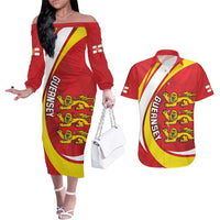 Guernsey Coat Of Arms Couples Matching Off The Shoulder Long Sleeve Dress and Hawaiian Shirt Sporty Style
