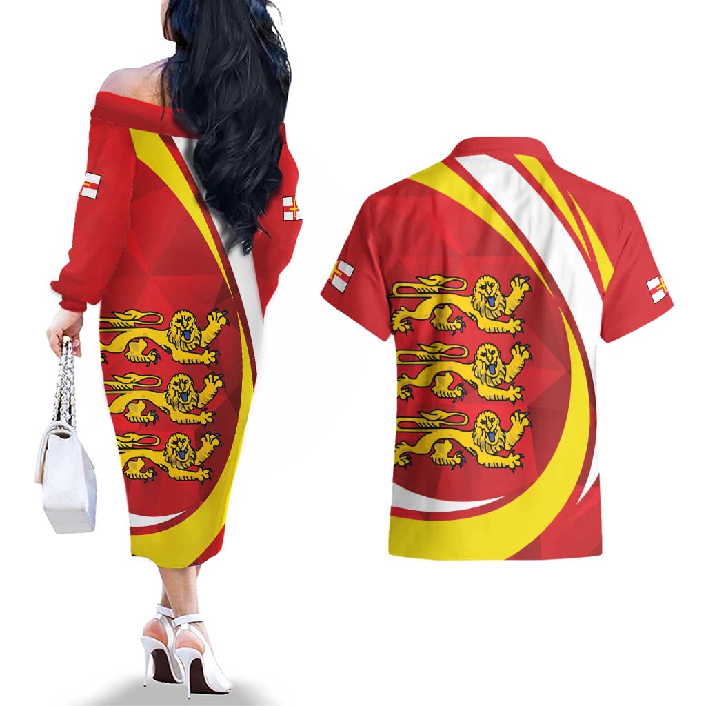 Guernsey Coat Of Arms Couples Matching Off The Shoulder Long Sleeve Dress and Hawaiian Shirt Sporty Style