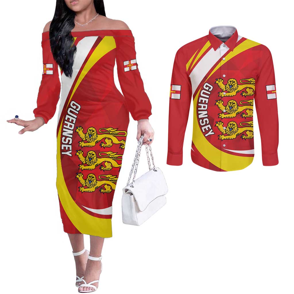 Guernsey Coat Of Arms Couples Matching Off The Shoulder Long Sleeve Dress and Long Sleeve Button Shirt Sporty Style