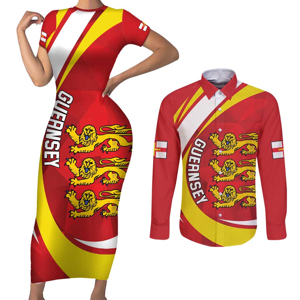 Guernsey Coat Of Arms Couples Matching Short Sleeve Bodycon Dress and Long Sleeve Button Shirt Sporty Style