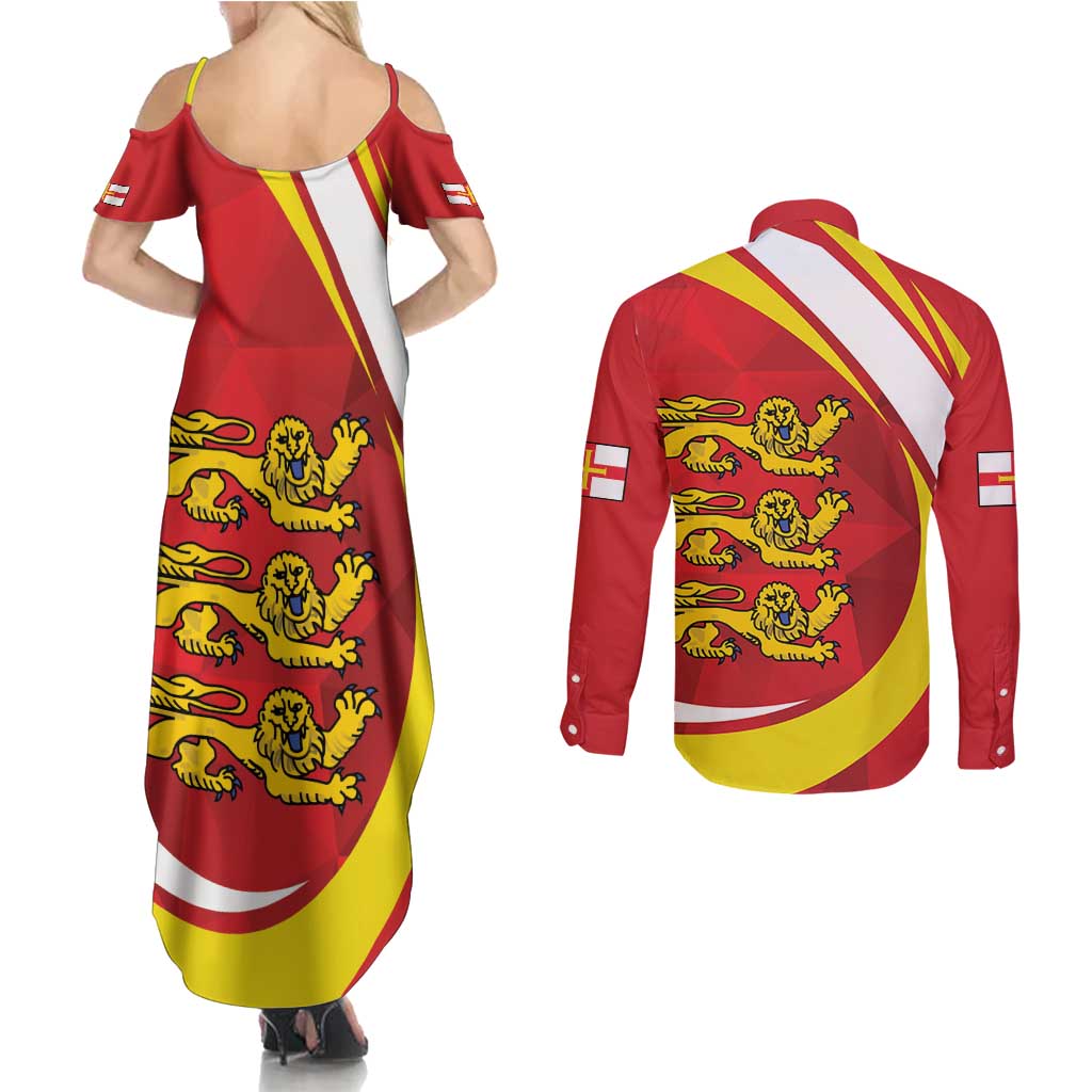 Guernsey Coat Of Arms Couples Matching Summer Maxi Dress and Long Sleeve Button Shirt Sporty Style