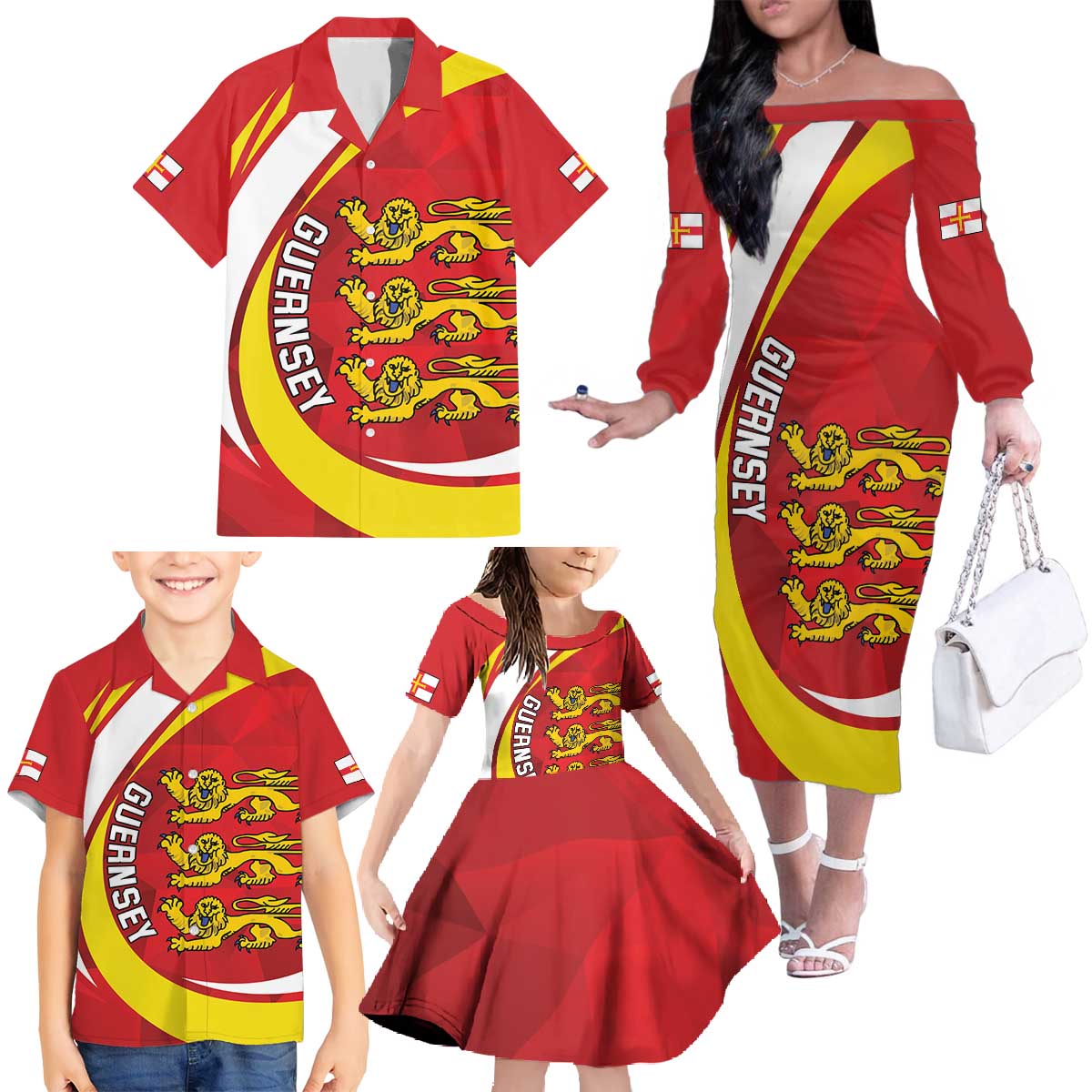 Guernsey Coat Of Arms Family Matching Off The Shoulder Long Sleeve Dress and Hawaiian Shirt Sporty Style