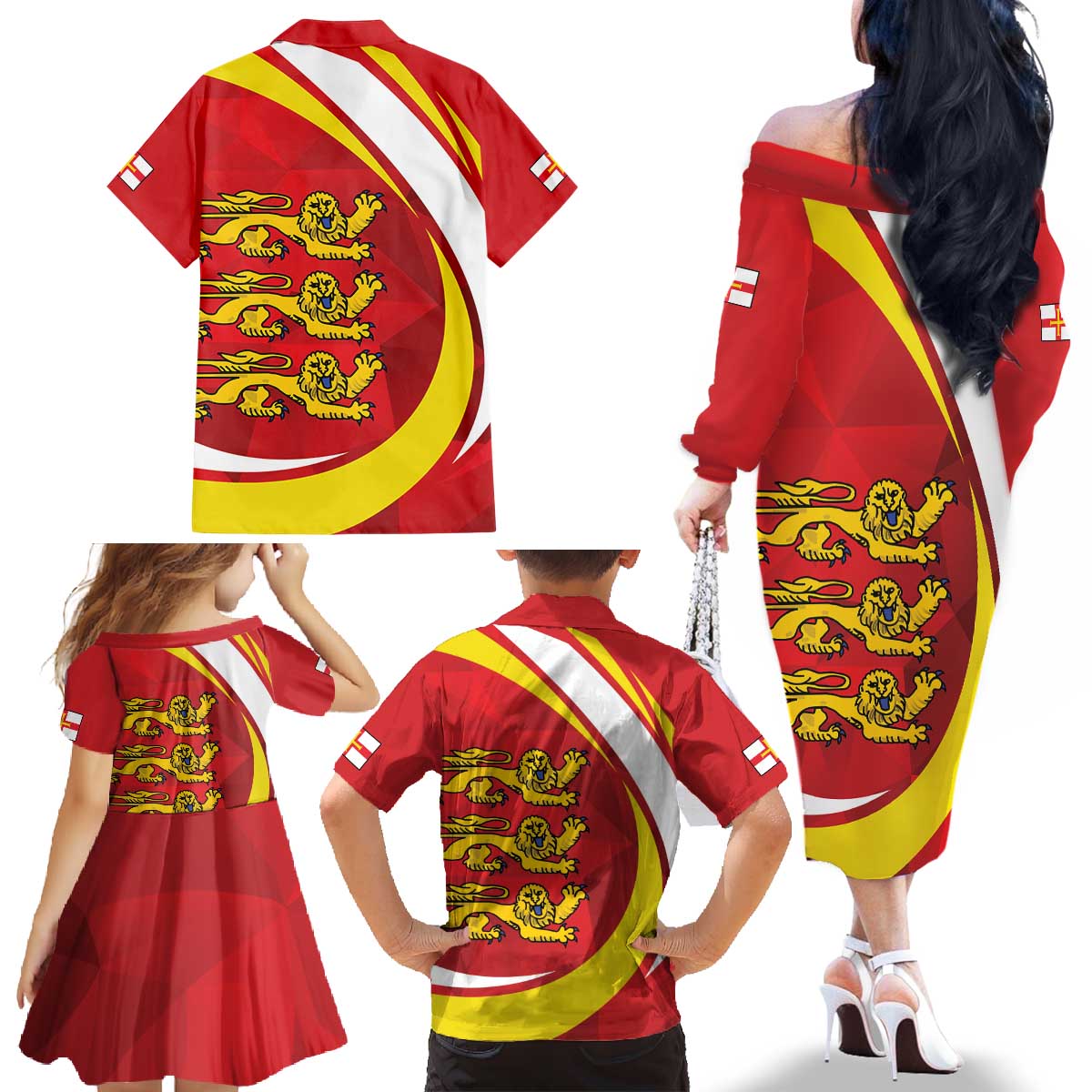 Guernsey Coat Of Arms Family Matching Off The Shoulder Long Sleeve Dress and Hawaiian Shirt Sporty Style