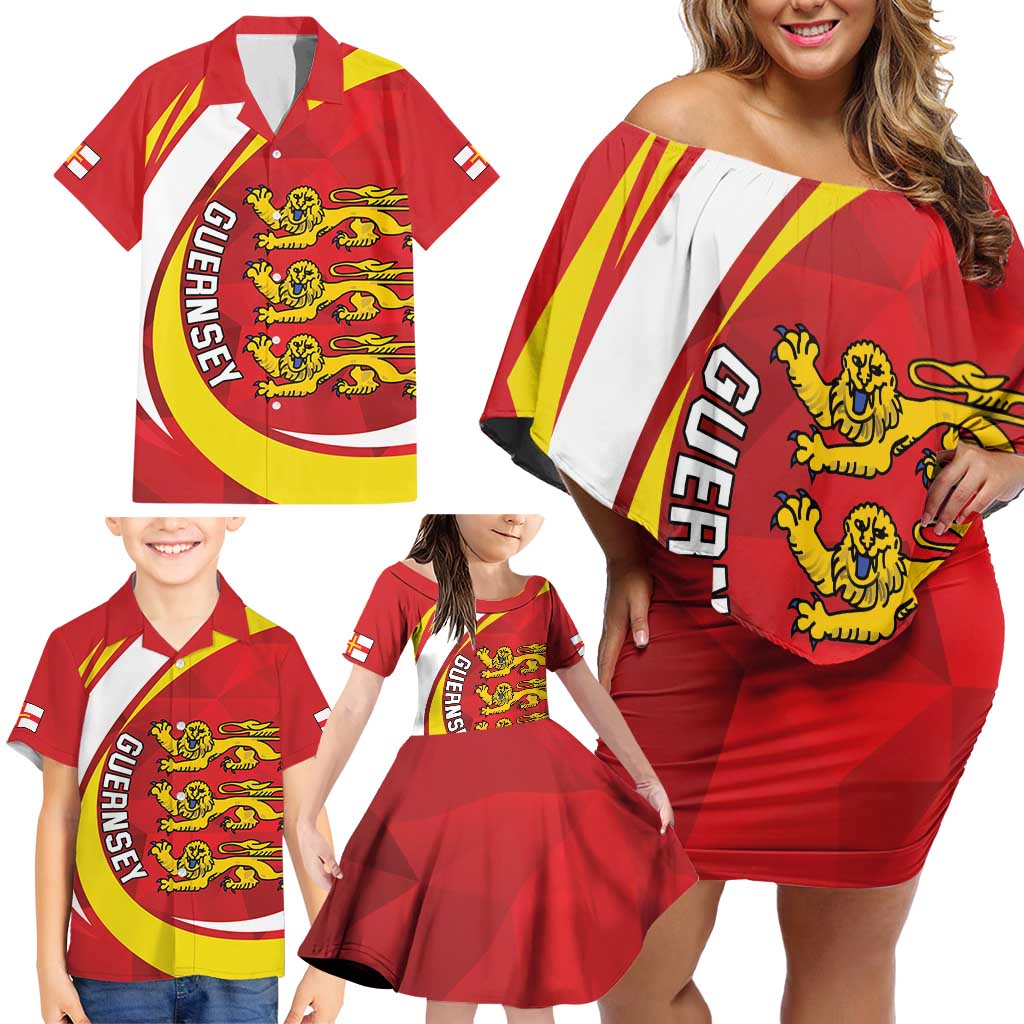 Guernsey Coat Of Arms Family Matching Off Shoulder Short Dress and Hawaiian Shirt Sporty Style