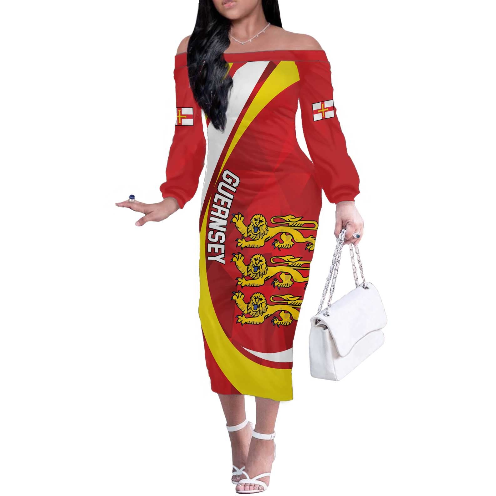 Guernsey Coat Of Arms Off The Shoulder Long Sleeve Dress Sporty Style