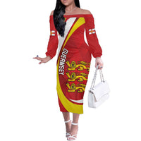 Guernsey Coat Of Arms Off The Shoulder Long Sleeve Dress Sporty Style