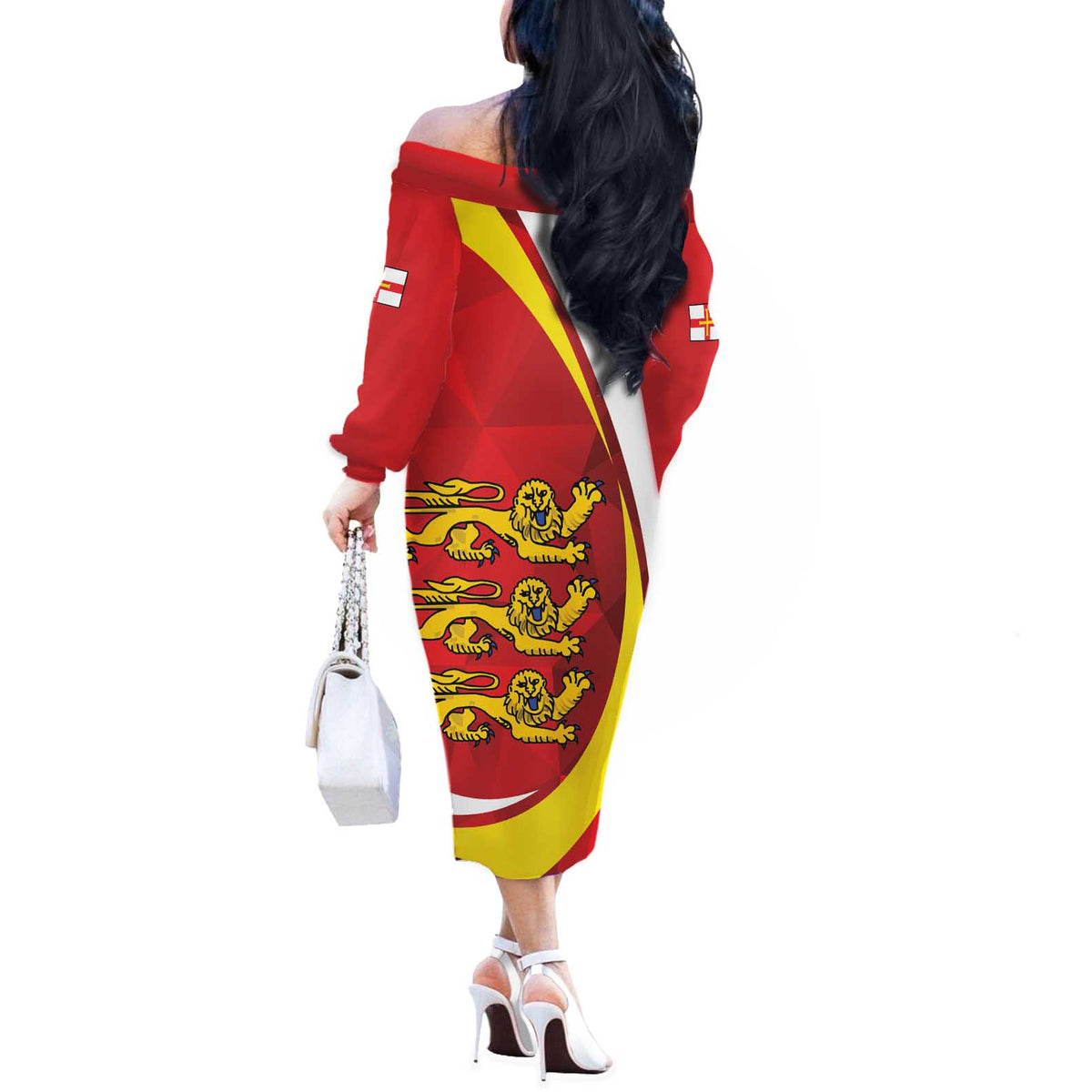 Guernsey Coat Of Arms Off The Shoulder Long Sleeve Dress Sporty Style