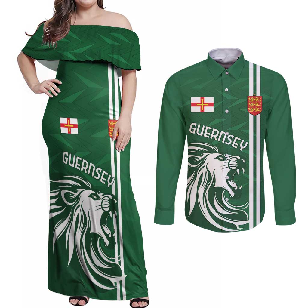 Custom Guernsey Football Couples Matching Off Shoulder Maxi Dress and Long Sleeve Button Shirt Go Champions