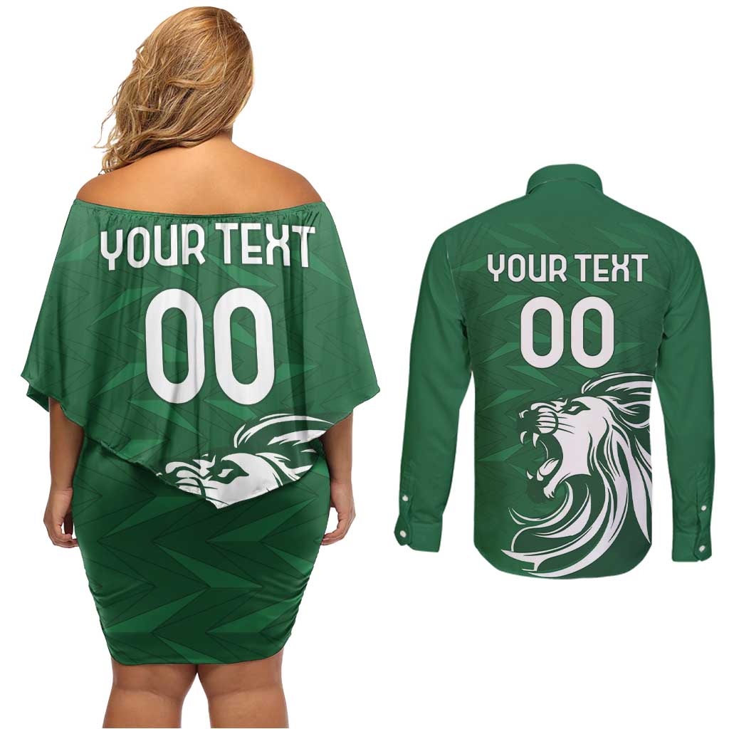 Custom Guernsey Football Couples Matching Off Shoulder Short Dress and Long Sleeve Button Shirt Go Champions