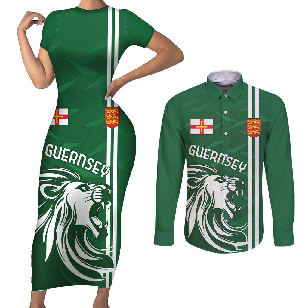 Custom Guernsey Football Couples Matching Short Sleeve Bodycon Dress and Long Sleeve Button Shirt Go Champions