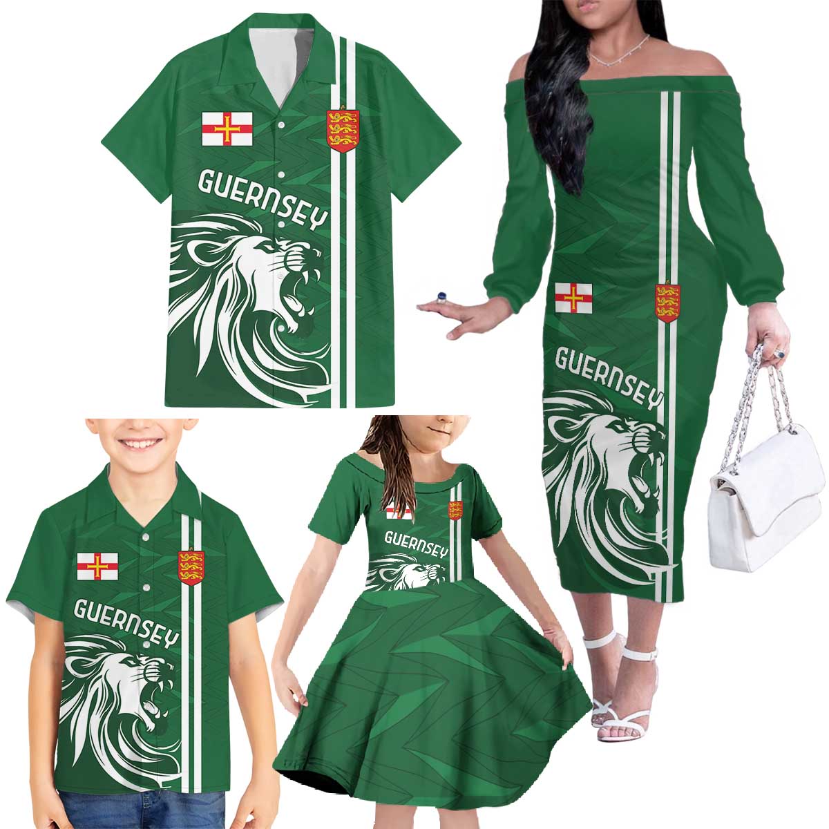 Custom Guernsey Football Family Matching Off The Shoulder Long Sleeve Dress and Hawaiian Shirt Go Champions