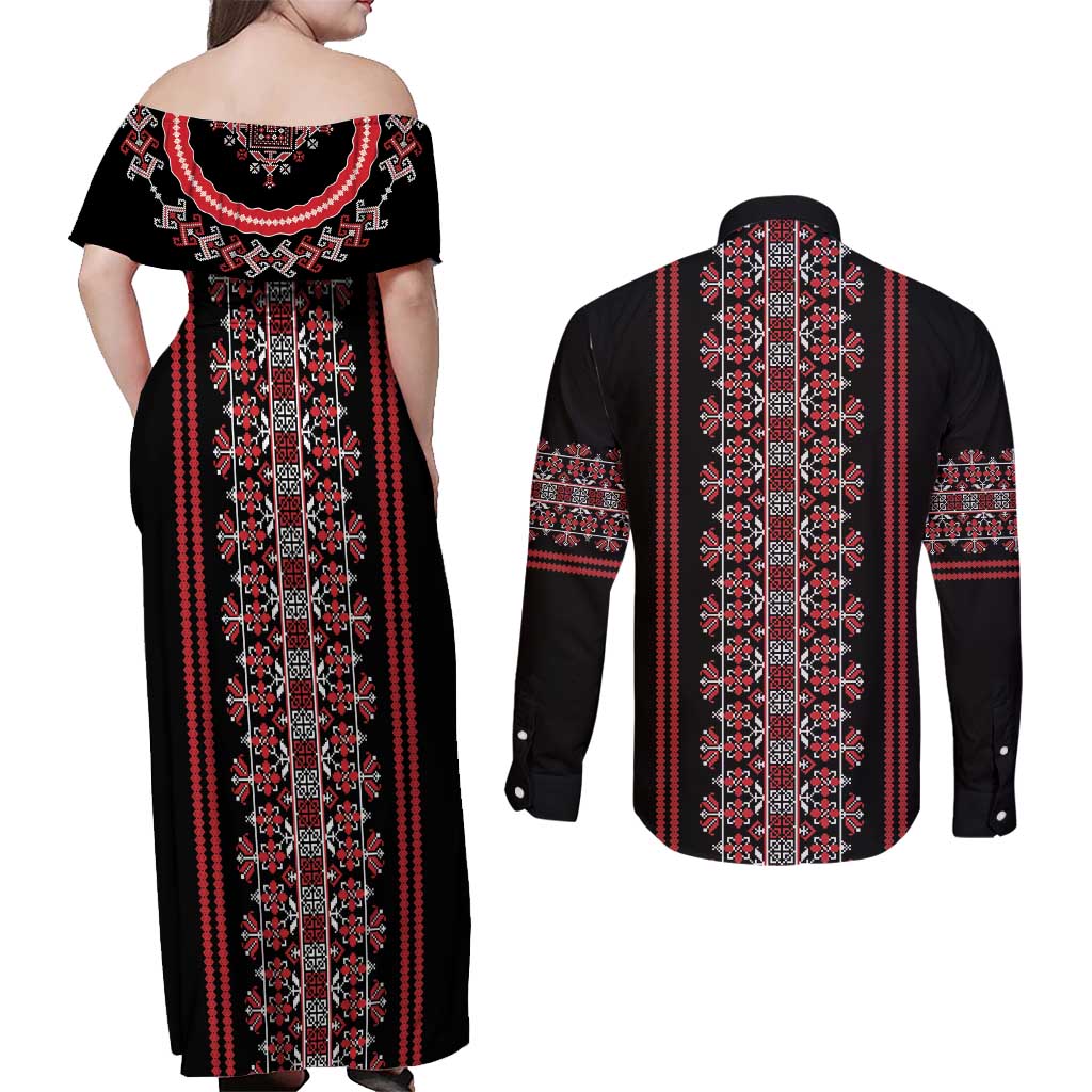 Traditional Spring Martisor Day Couples Matching Off Shoulder Maxi Dress and Long Sleeve Button Shirt Romanian Embroidery Patterns