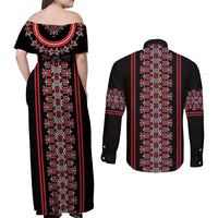 Traditional Spring Martisor Day Couples Matching Off Shoulder Maxi Dress and Long Sleeve Button Shirt Romanian Embroidery Patterns