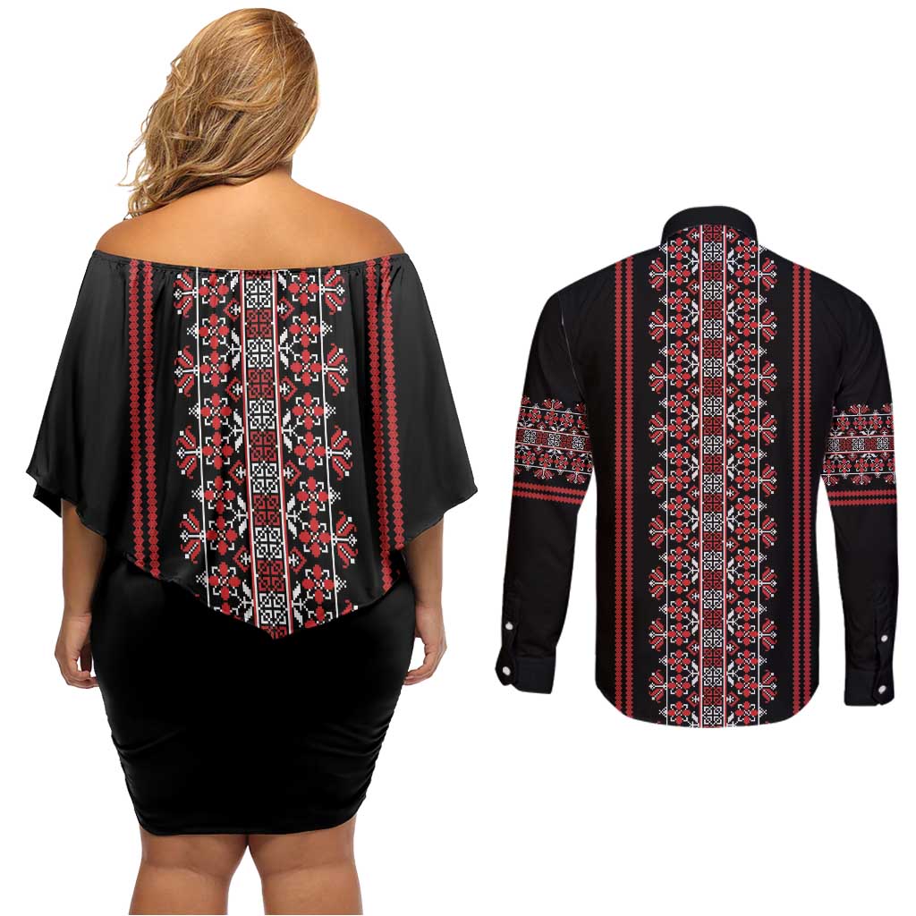 Traditional Spring Martisor Day Couples Matching Off Shoulder Short Dress and Long Sleeve Button Shirt Romanian Embroidery Patterns