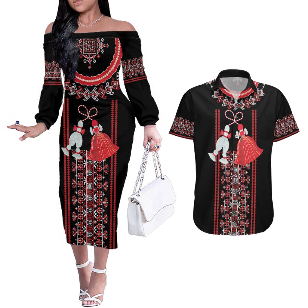 Traditional Spring Martisor Day Couples Matching Off The Shoulder Long Sleeve Dress and Hawaiian Shirt Romanian Embroidery Patterns