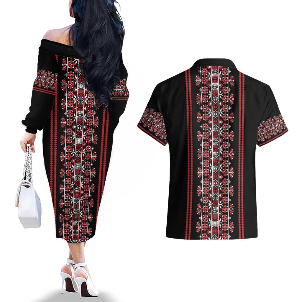 Traditional Spring Martisor Day Couples Matching Off The Shoulder Long Sleeve Dress and Hawaiian Shirt Romanian Embroidery Patterns