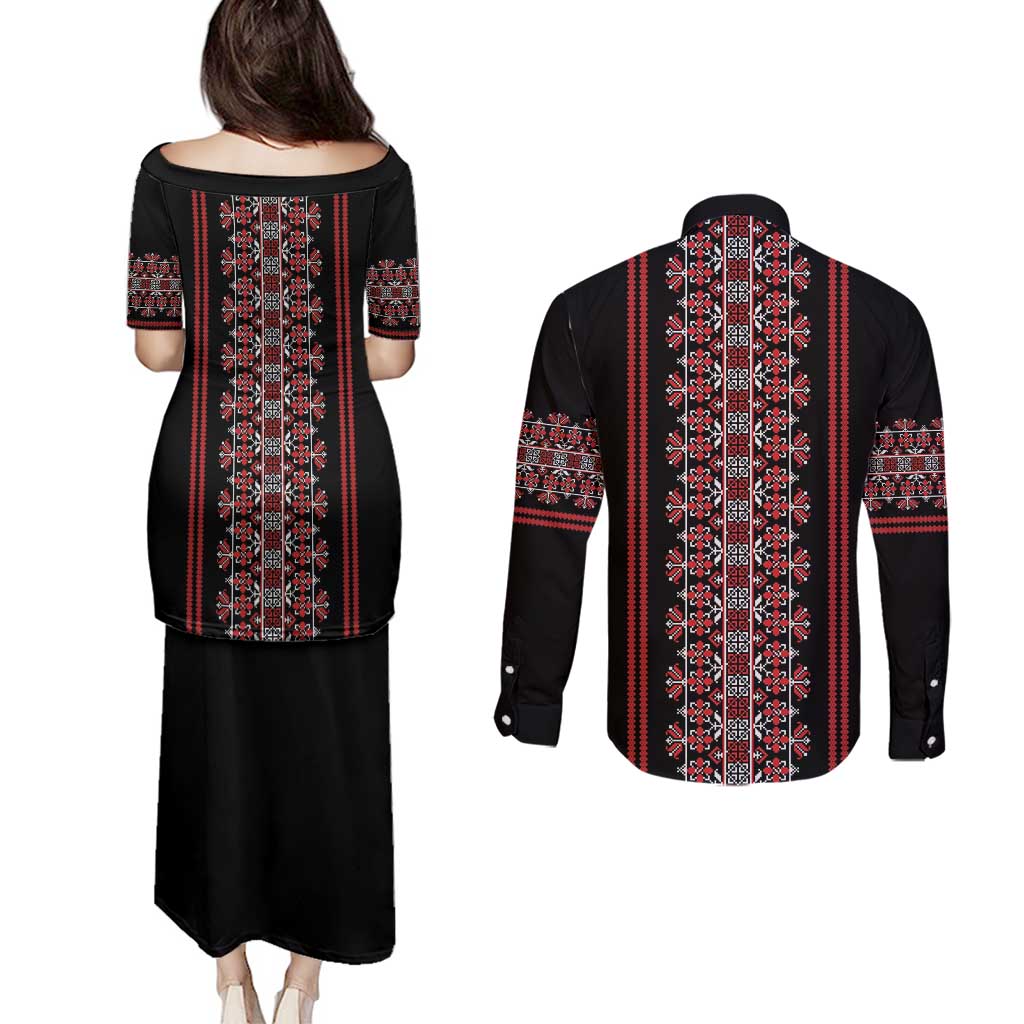 Traditional Spring Martisor Day Couples Matching Puletasi and Long Sleeve Button Shirt Romanian Embroidery Patterns