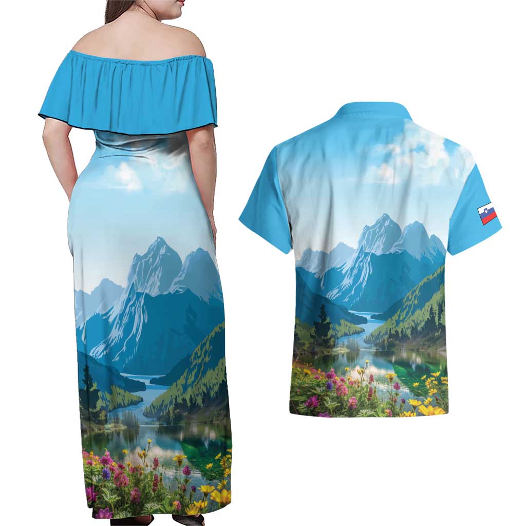 Slovenia Couples Matching Off Shoulder Maxi Dress and Hawaiian Shirt Mount Triglav With Map