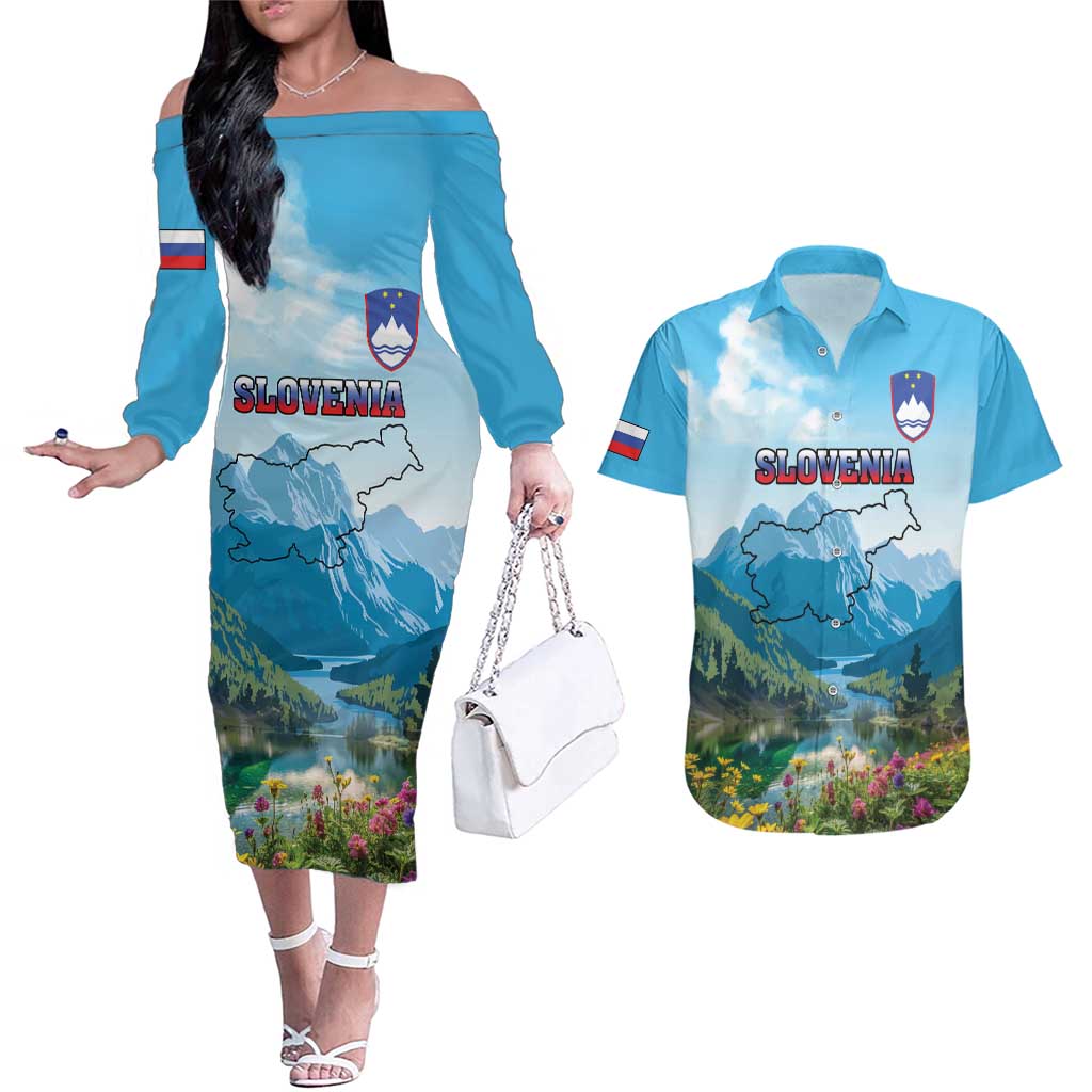 Slovenia Couples Matching Off The Shoulder Long Sleeve Dress and Hawaiian Shirt Mount Triglav With Map