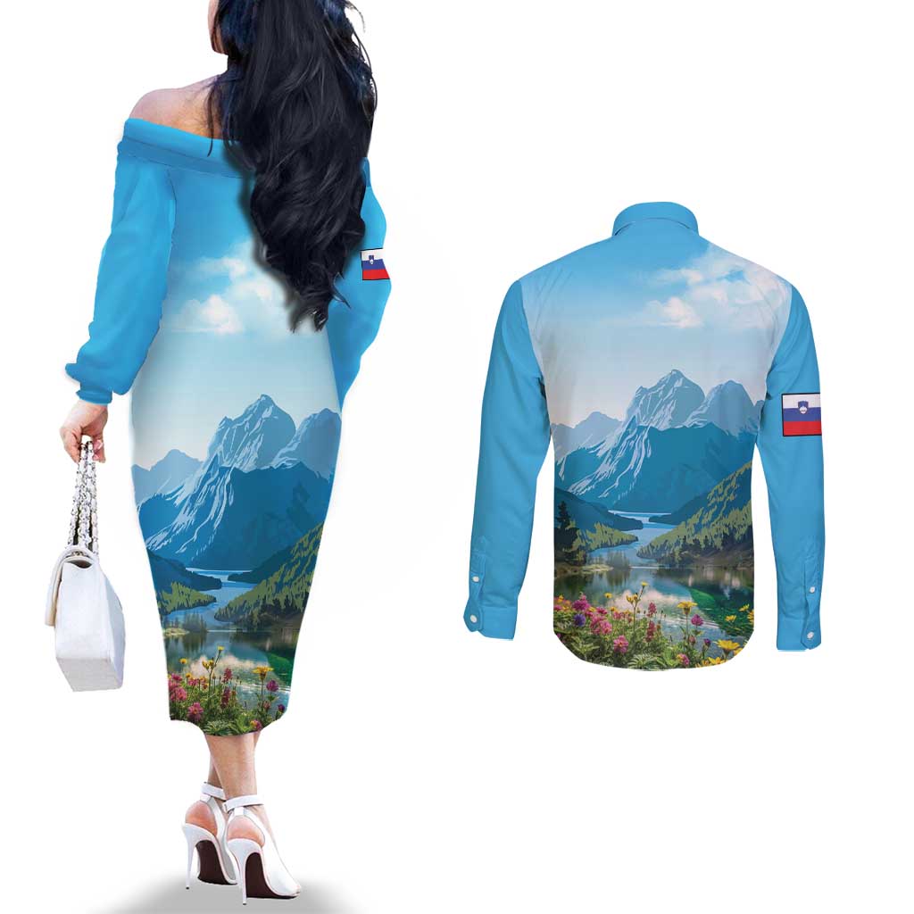 Slovenia Couples Matching Off The Shoulder Long Sleeve Dress and Long Sleeve Button Shirt Mount Triglav With Map