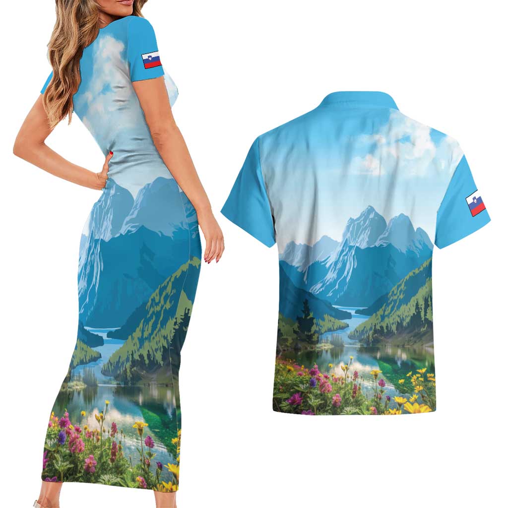 Slovenia Couples Matching Short Sleeve Bodycon Dress and Hawaiian Shirt Mount Triglav With Map