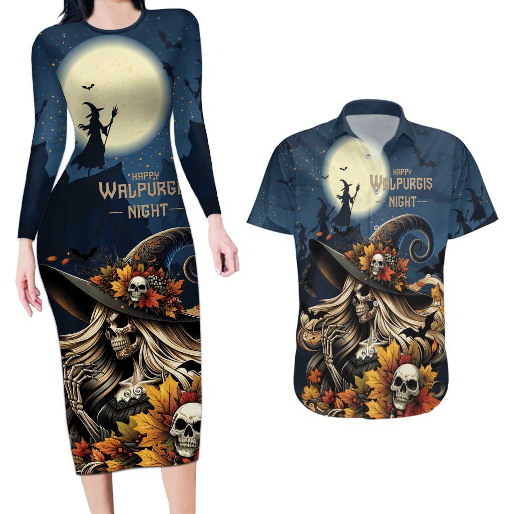 Happy Walpurgis Night Couples Matching Long Sleeve Bodycon Dress and Hawaiian Shirt Skull Witch Spooky Style