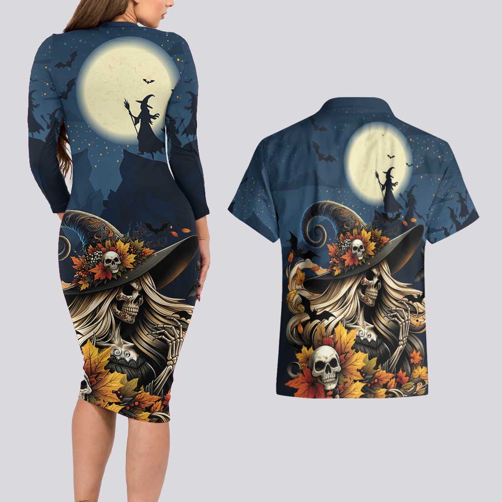 Happy Walpurgis Night Couples Matching Long Sleeve Bodycon Dress and Hawaiian Shirt Skull Witch Spooky Style