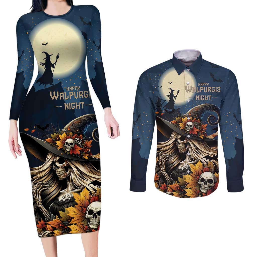 Happy Walpurgis Night Couples Matching Long Sleeve Bodycon Dress and Long Sleeve Button Shirt Skull Witch Spooky Style
