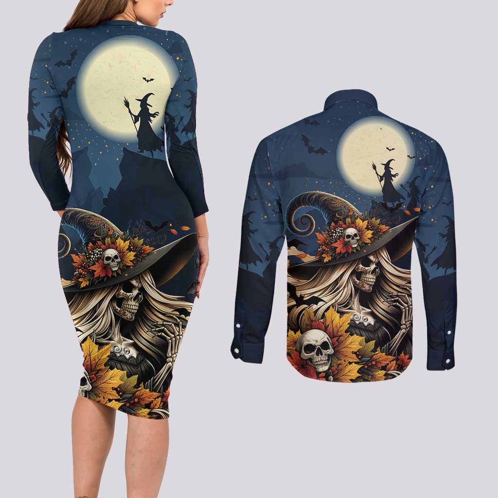 Happy Walpurgis Night Couples Matching Long Sleeve Bodycon Dress and Long Sleeve Button Shirt Skull Witch Spooky Style