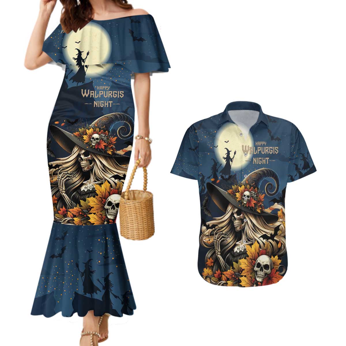 Happy Walpurgis Night Couples Matching Mermaid Dress and Hawaiian Shirt Skull Witch Spooky Style