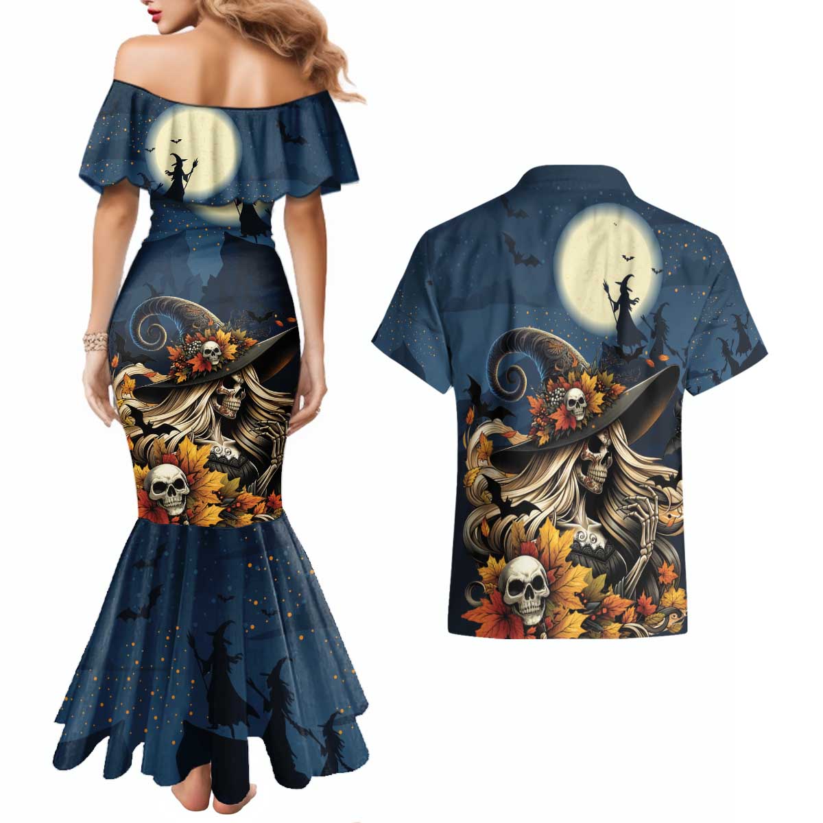 Happy Walpurgis Night Couples Matching Mermaid Dress and Hawaiian Shirt Skull Witch Spooky Style