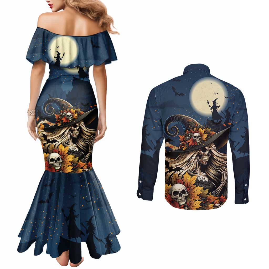 Happy Walpurgis Night Couples Matching Mermaid Dress and Long Sleeve Button Shirt Skull Witch Spooky Style