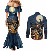 Happy Walpurgis Night Couples Matching Mermaid Dress and Long Sleeve Button Shirt Skull Witch Spooky Style