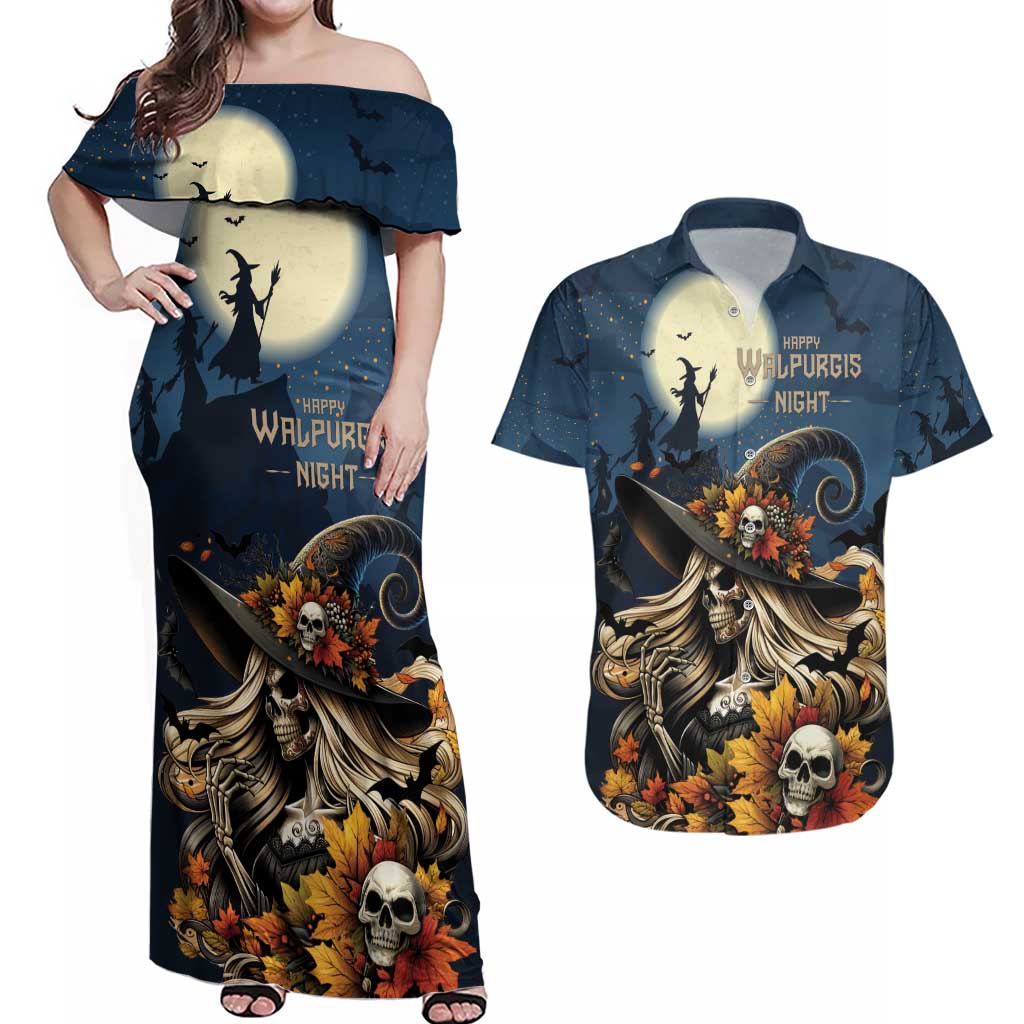 Happy Walpurgis Night Couples Matching Off Shoulder Maxi Dress and Hawaiian Shirt Skull Witch Spooky Style