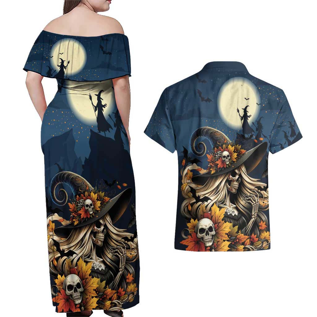 Happy Walpurgis Night Couples Matching Off Shoulder Maxi Dress and Hawaiian Shirt Skull Witch Spooky Style