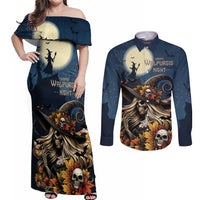 Happy Walpurgis Night Couples Matching Off Shoulder Maxi Dress and Long Sleeve Button Shirt Skull Witch Spooky Style