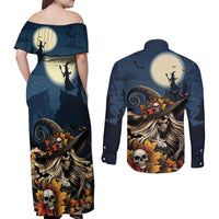 Happy Walpurgis Night Couples Matching Off Shoulder Maxi Dress and Long Sleeve Button Shirt Skull Witch Spooky Style