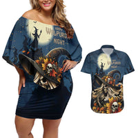 Happy Walpurgis Night Couples Matching Off Shoulder Short Dress and Hawaiian Shirt Skull Witch Spooky Style