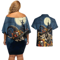 Happy Walpurgis Night Couples Matching Off Shoulder Short Dress and Hawaiian Shirt Skull Witch Spooky Style