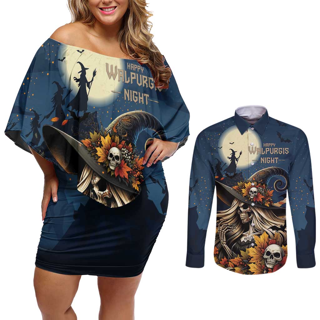 Happy Walpurgis Night Couples Matching Off Shoulder Short Dress and Long Sleeve Button Shirt Skull Witch Spooky Style