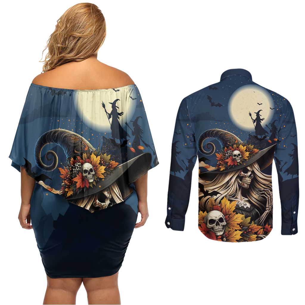 Happy Walpurgis Night Couples Matching Off Shoulder Short Dress and Long Sleeve Button Shirt Skull Witch Spooky Style