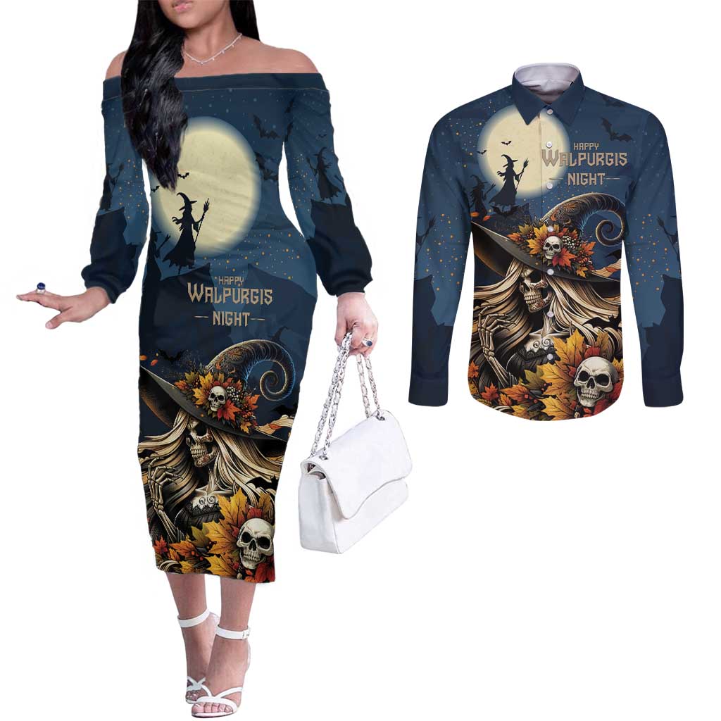 Happy Walpurgis Night Couples Matching Off The Shoulder Long Sleeve Dress and Long Sleeve Button Shirt Skull Witch Spooky Style