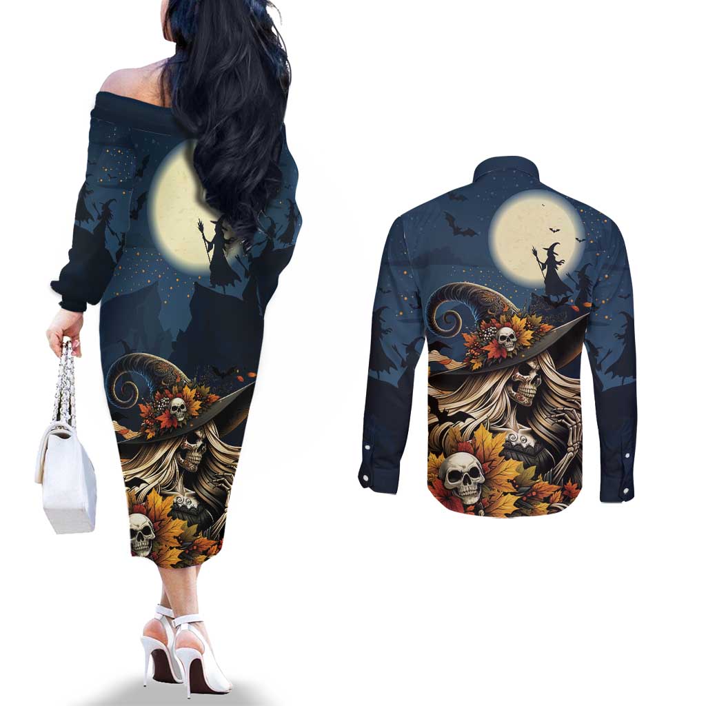 Happy Walpurgis Night Couples Matching Off The Shoulder Long Sleeve Dress and Long Sleeve Button Shirt Skull Witch Spooky Style