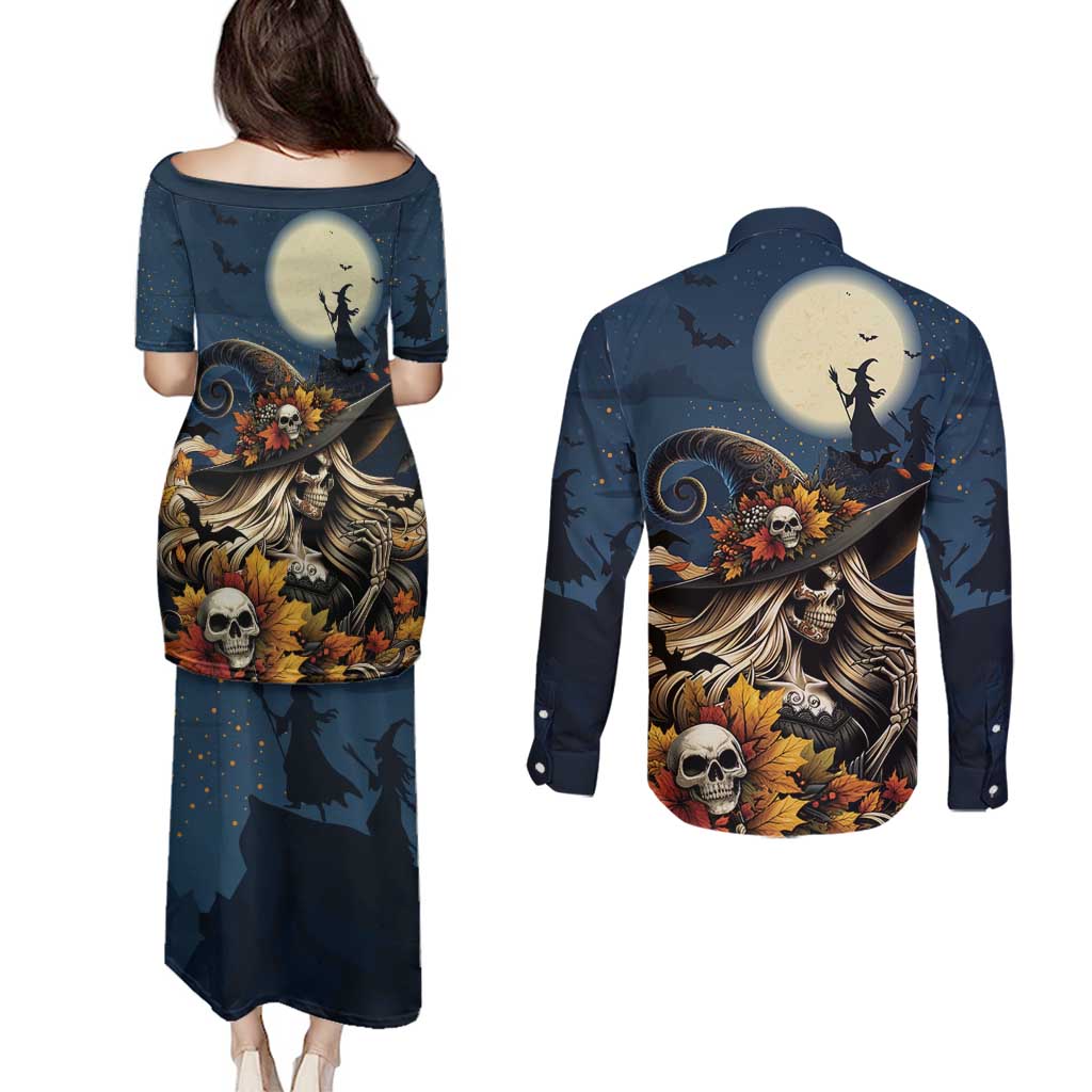 Happy Walpurgis Night Couples Matching Puletasi and Long Sleeve Button Shirt Skull Witch Spooky Style
