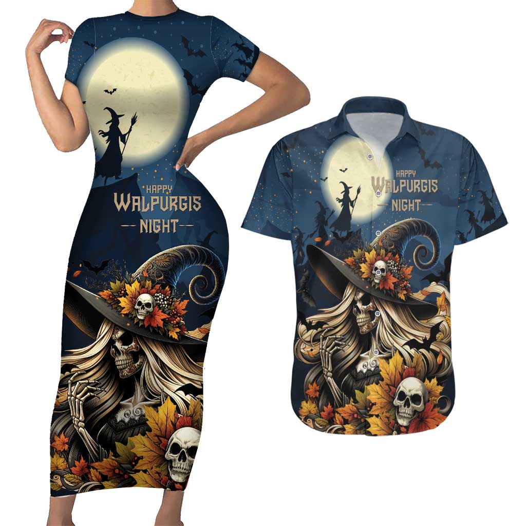 Happy Walpurgis Night Couples Matching Short Sleeve Bodycon Dress and Hawaiian Shirt Skull Witch Spooky Style