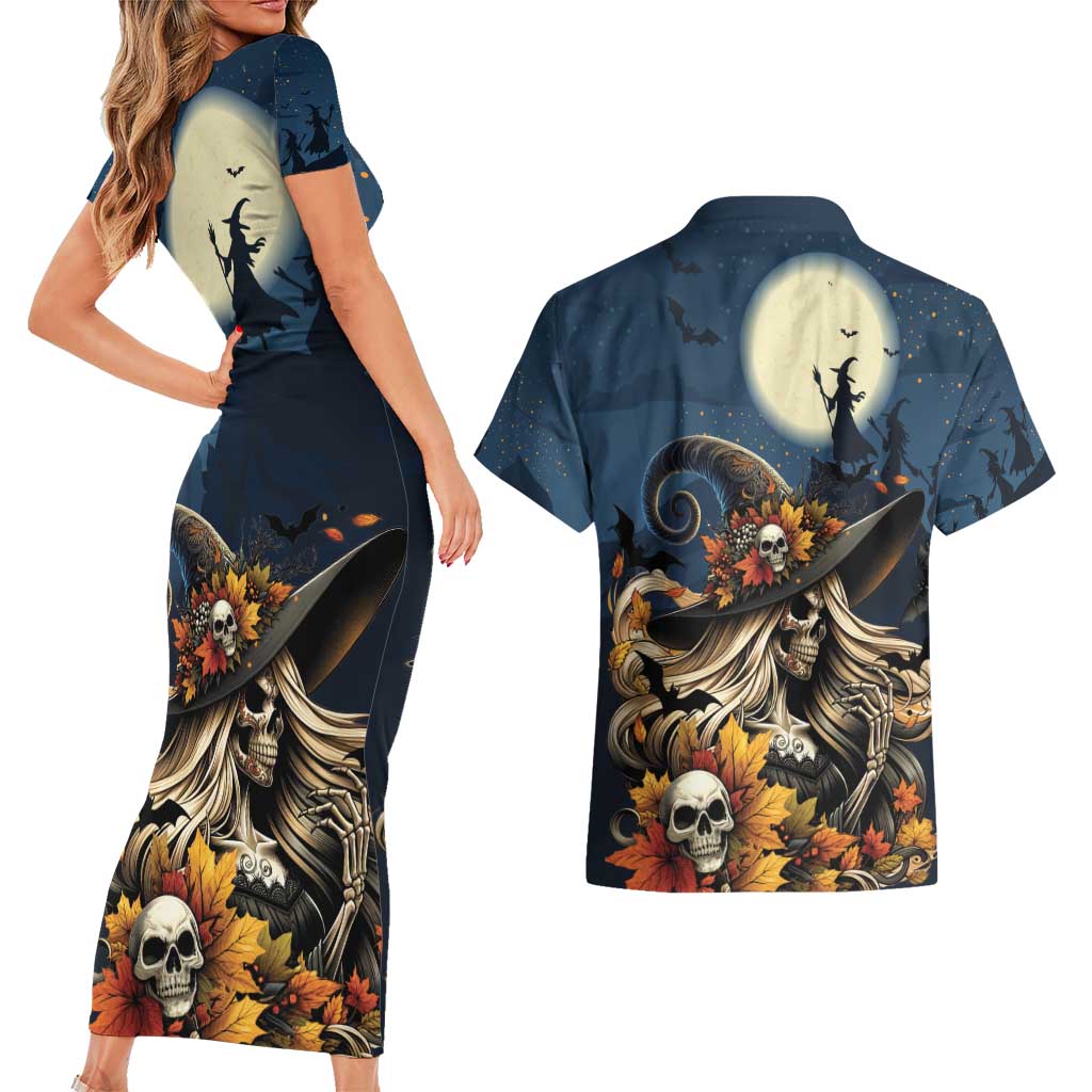 Happy Walpurgis Night Couples Matching Short Sleeve Bodycon Dress and Hawaiian Shirt Skull Witch Spooky Style