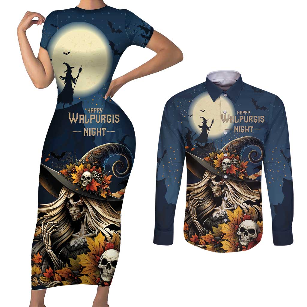 Happy Walpurgis Night Couples Matching Short Sleeve Bodycon Dress and Long Sleeve Button Shirt Skull Witch Spooky Style