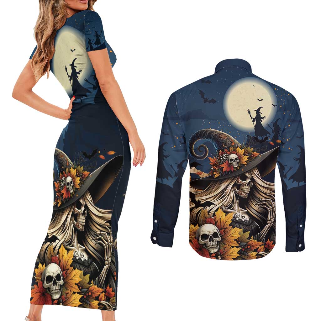 Happy Walpurgis Night Couples Matching Short Sleeve Bodycon Dress and Long Sleeve Button Shirt Skull Witch Spooky Style