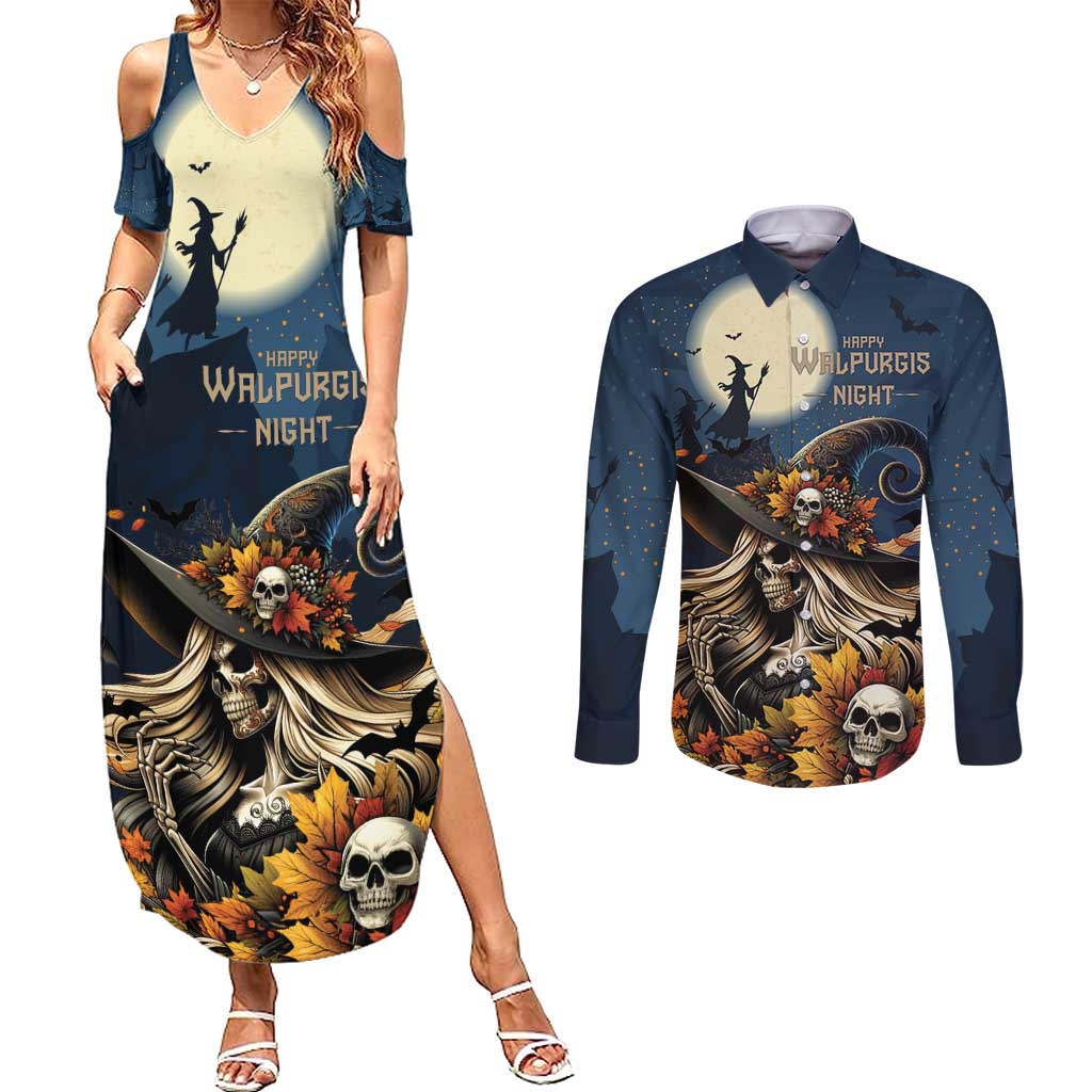 Happy Walpurgis Night Couples Matching Summer Maxi Dress and Long Sleeve Button Shirt Skull Witch Spooky Style